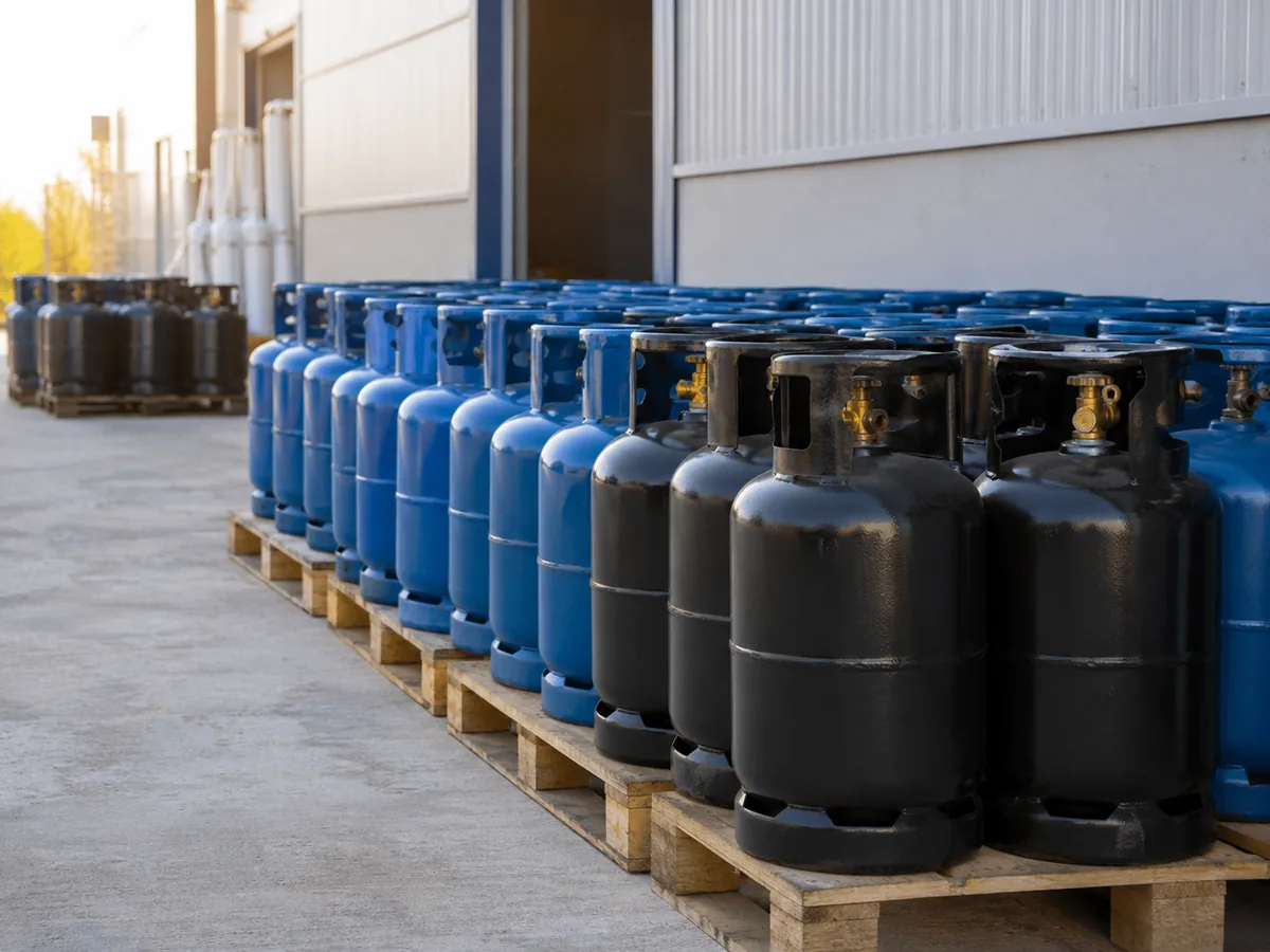 Bombole a gas domestiche nere e blu per cucina e scaldabagno